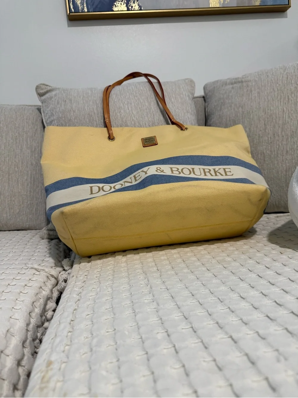 Dooney & Bourke Yellow Canvas Tote with Blue & Cream Stripes